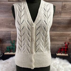 Vintage Women’s White Button Front Open Knit Sweater Vest Size Large ?